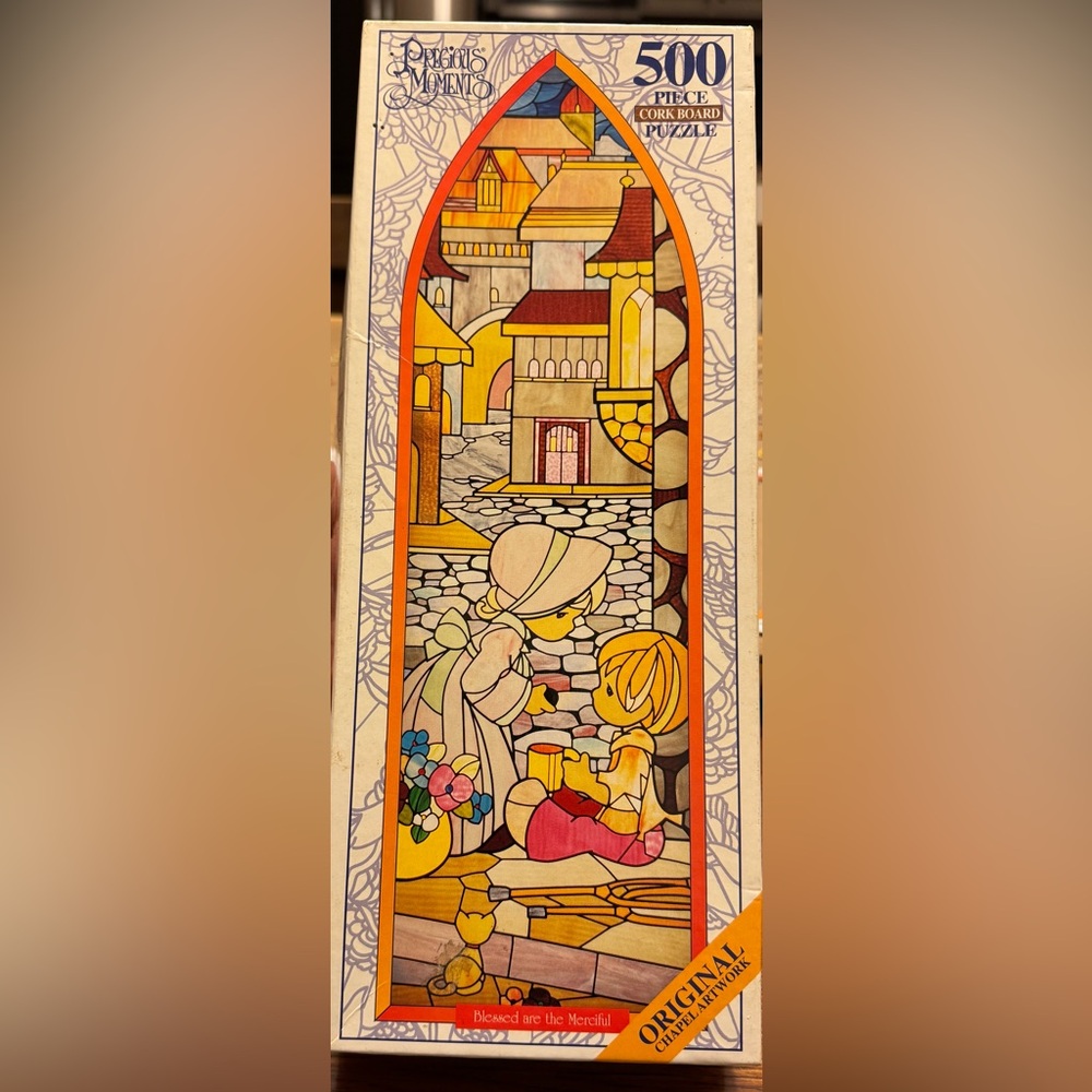 Precious Moments 500pc Vintage Stained Glass Scene Cork Board Jigsaw Puzzle